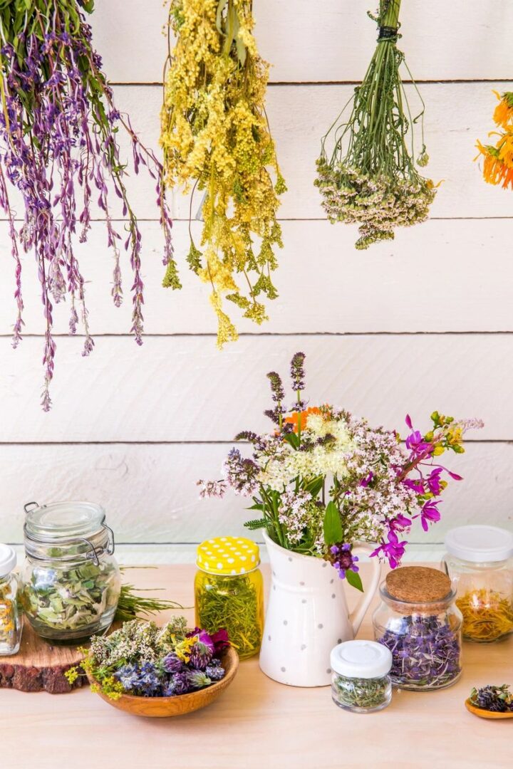 Hanging flowers and plants in jars